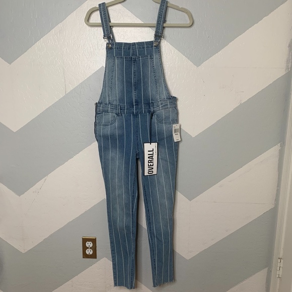NEW Almost Famous | Denim Striped Overalls Size S - Picture 3 of 7